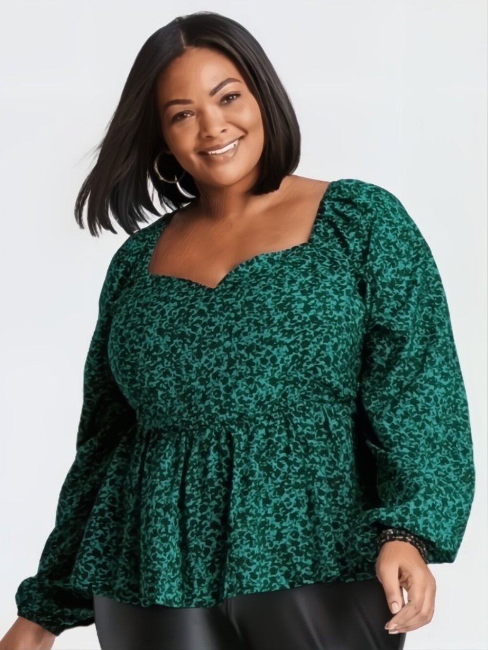 Ava & Viv Peplum Top Sweetheart Neck Blouse Green Black Abstract Floral Sz X NWT